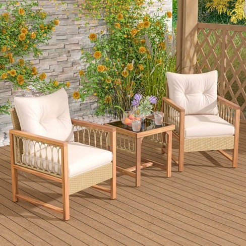 3pcs Outdoor Patio Bistro Set PE Rattan Wicker Furniture Conversation deals w/ Cushion