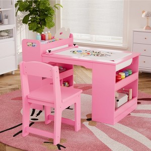 Kids Art Table and 2 Chairs, Craft Table with Large Storage Shelves,Toddler Wooden Drawing Desk Activity & Crafts Children's Wooden Furniture - 1 of 4