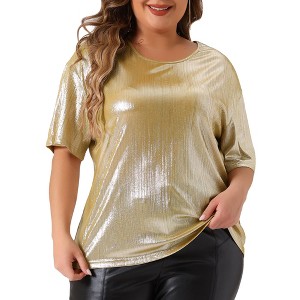 Agnes Orinda Women's Plus Size Metallic Round Neck Short Sleeve Summer Carnival Party Blouses - 1 of 4