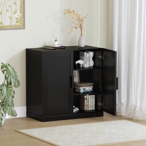 Black Wood Grain Cabinet with Wicker Door �C 36x31x16 Inches - 1 of 4