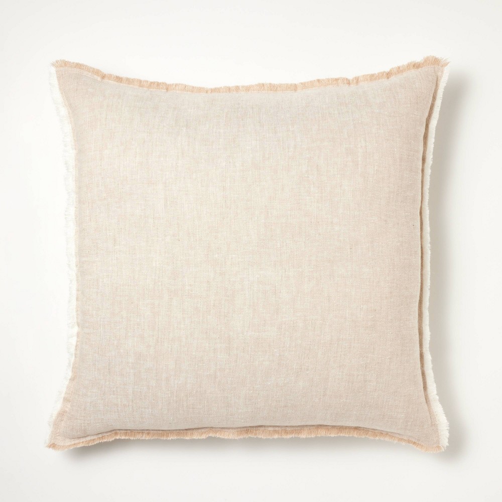 Photos - Pillow Oversized Reversible Linen Square Throw  with Frayed Edges Beige - T