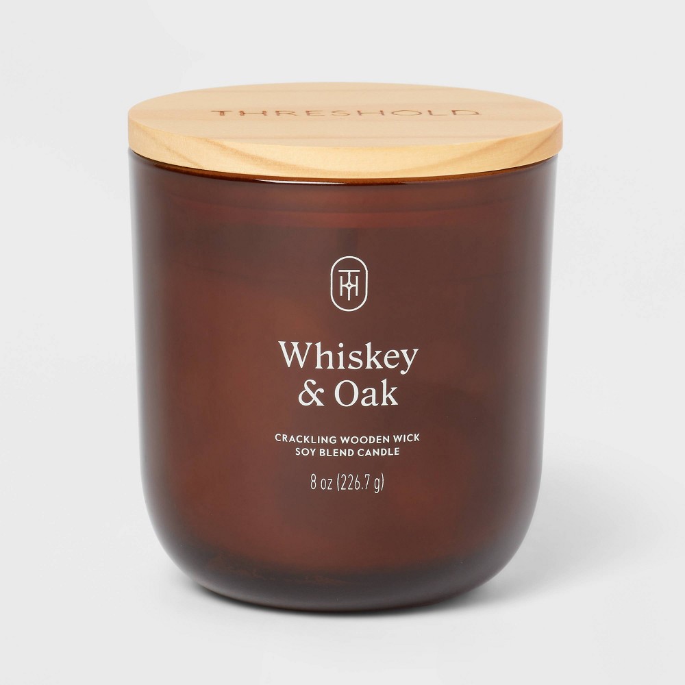 Amber Glass Wooden Wick Whiskey and Oak Jar Candle 8oz - Threshold