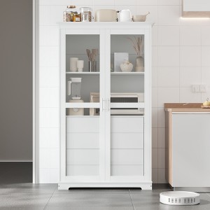 Freestanding Kitchen Pantry Kitchen Storage Cabinet Display Cabinet with Glass Doors & 4 Built-in Drawers, Natural/White/Blue - ModernLuxe - 1 of 4
