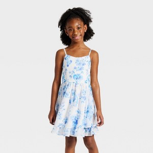 girls blue and white floral dress Girl Sky Blue Floral The Natalie Floral Smocked Bubble Sleeve Dress by  Janie and Jack
