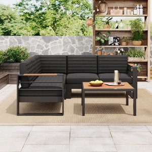 GDFStudio Lilia Outdoor 5 Seater Aluminum Frame with Polywood Accents Patio Seating Set - 1 of 4