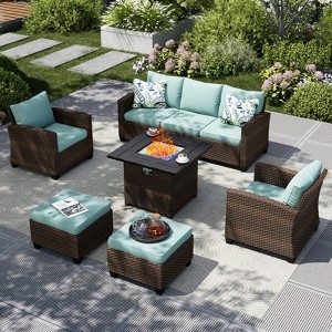 Captiva Designs 6pc Outdoor Patio Wicker Rattan Fire Pit Set with Cushioned Ottomans and Single Sofas - 1 of 4