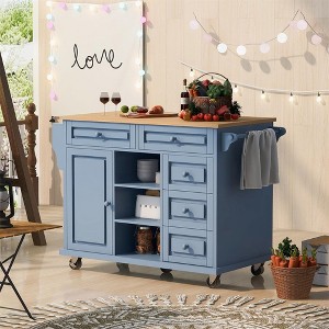 Rolling Kitchen Cart with Rubber Wood Desktop, Adjustable Shelf, Mobile Kitchen Island with Storage and 5 Draws, Spice Rack & Towel Handle, Sideboard - 1 of 4