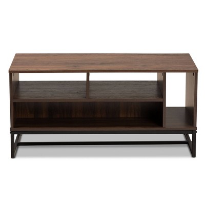 Walnut Brown Wood and Black Metal Rectangular Coffee Table