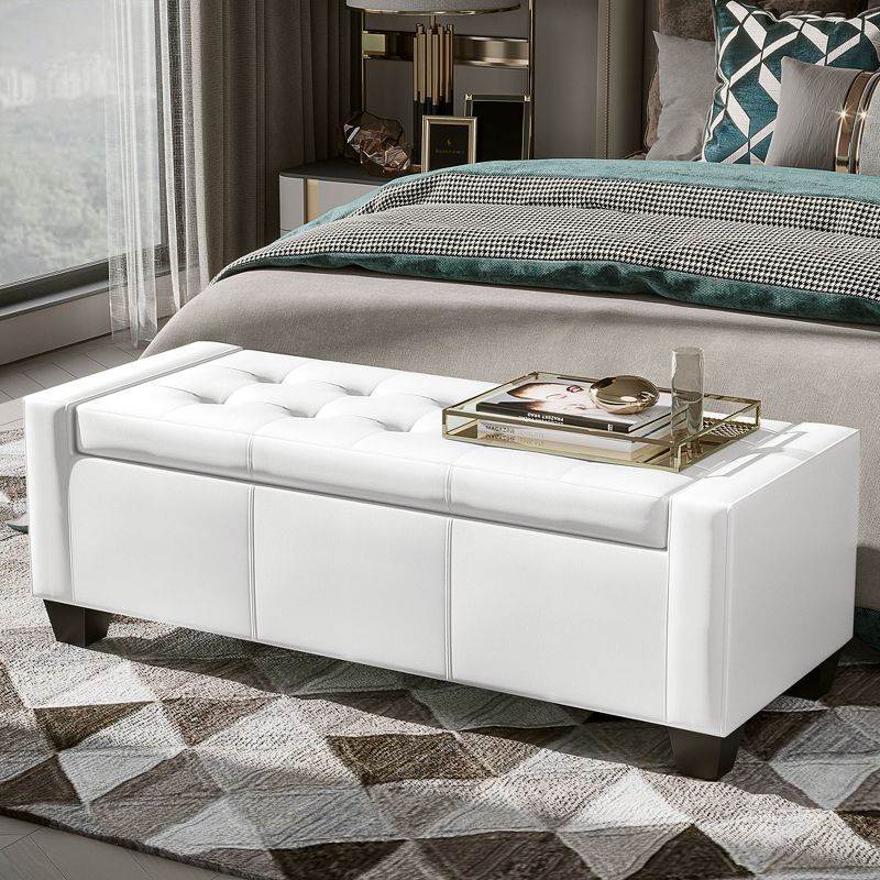 HOMCOM 51" Faux Leather Rectangular Tufted Storage Ottoman for Living Room, Entryway, or Bedroom, White, 3 of 9