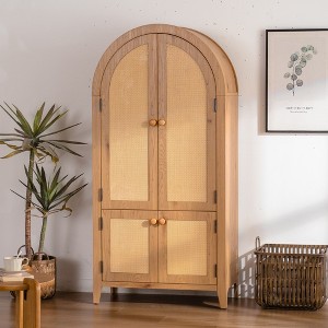 63" Tall Arched Pantry Cabinet with Doors and Adjustable Shelves, Freestanding Rattan Storage Cupboard for Kitchen or Living Room-Koiai - 1 of 4