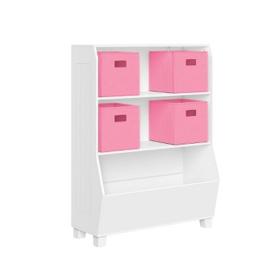 RiverRidge Kids' 34" Playroom Bookshelf with Veggie Bin Organizer, 2 Open Toy Storage Shelves, and 4 Fabric Bins
