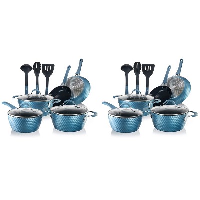 NutriChef NCCW11BD 22 Piece Nonstick Ceramic Coating Diamond Pattern Kitchen Cookware Pots and Pan Set with Lids and Utensils, Royal Blue