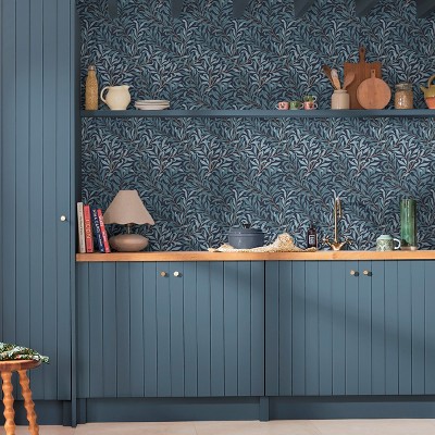 Deep Blue Willow Bough Floral Vinyl Wallpaper