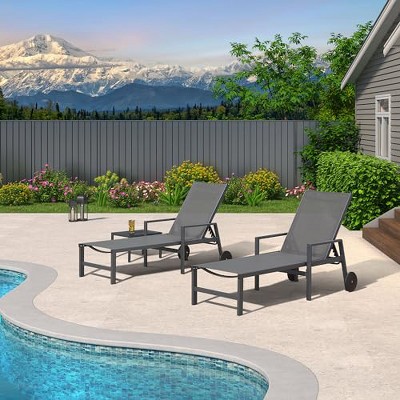 PURPLE LEAF Outdoor Chaise Lounge with Wheels for Outside 2 Pieces Aluminum Patio Lounge Chair with 5 Adjustable Position Recliner Side Table Included