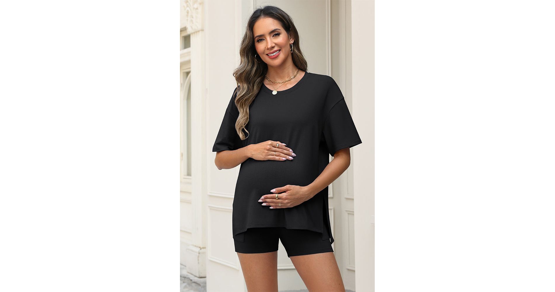 Attraco Maternity Two Piece Side Slit Short Sleeve Lounge Set with Pocketed High Waist Shorts