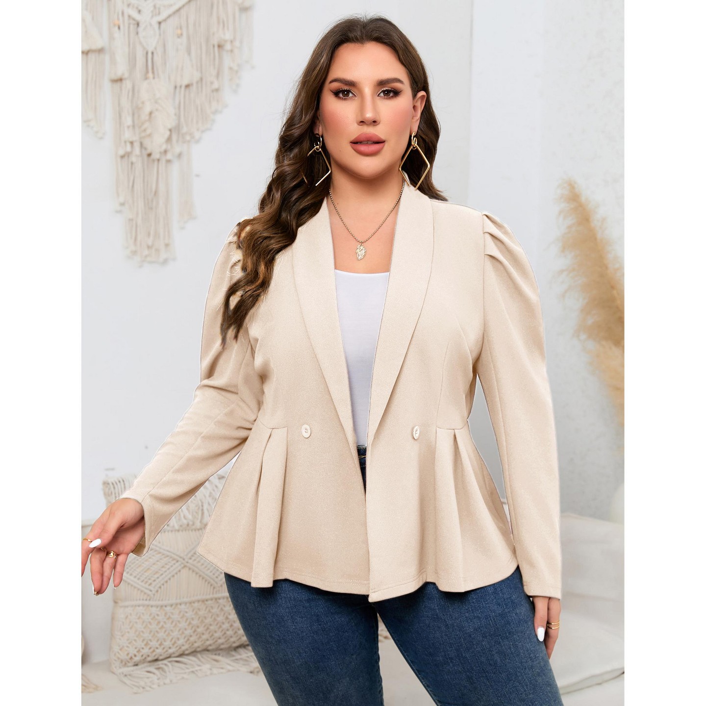 Женская куртка YesFashion Plus Size Peplum Blazer Jacket, Double Breasted Puff Shoulder Lapel Suit Coat, Curvy Fit Office Casual Outerwear Beige, цвет: Бежевый — фото 2