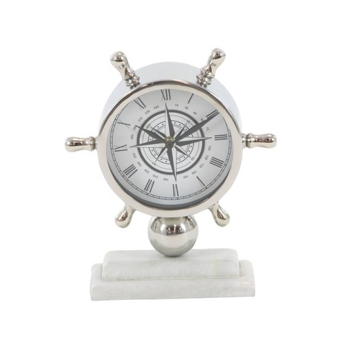 8x9 Stainless Steel Ship Wheel Clock With Marble Base Silver