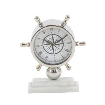 8"x9" Stainless Steel Ship Wheel Clock with Marble Base Silver - Olivia & May
