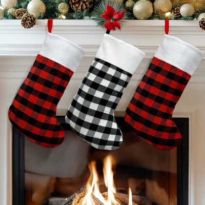 Set of 3 Black Buffalo Plaid Christmas Stockings with White Plush Cuff