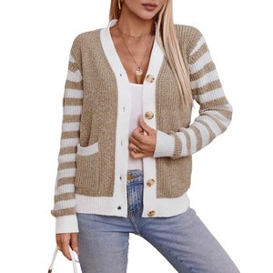 Womens V Neck Striped Button Knit Cardigan Sweater Top with Pockets - 1 of 4