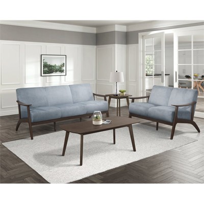 Carlson Blue Gray Velvet Loveseat with Dark Walnut Wood Frame