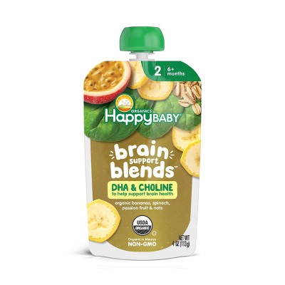 Happy Baby Brain Support Blends, Organic Stage 2 Baby Food with DHA & Choline - 4oz
