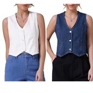 INSPIRE CHIC Women's Sleeveless V Neck Button Down Jean Crop Denim Tank Tops 2 Packs - 1 of 4