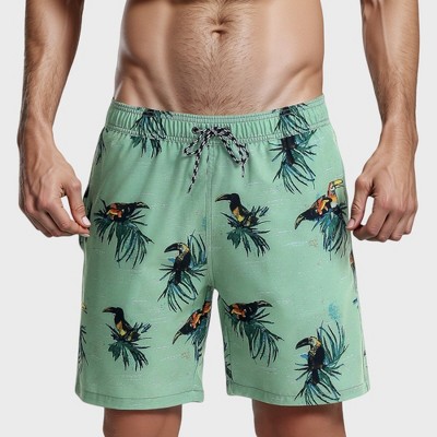 Anna-Kaci Swim Men's Tropical Toucan Print Swim Trunks with Elastic Drawstring Waist and Quick-Dry Lightweight Fabric