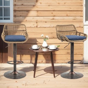 QingMoon 360° Swivel Rattan Barstools, Adjustable Counter Height Bar Chairs Set of 2 with Low Back and Footrest for Dining Room, Bar - 1 of 4