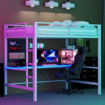 Twin/Full Size Metal Loft Bed with Desk, Gaming Loft Bed Frame with Ladder & LED Light - ModernLuxe