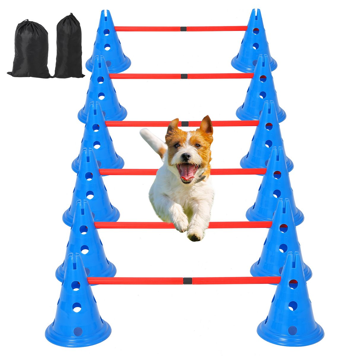 Dog Agility Hurdle Cone Set, Dog Agility Course Backyard Set Include 12 Cones & 6 Agility Rods, Dog Agility Training Equipment with Carry Bag
