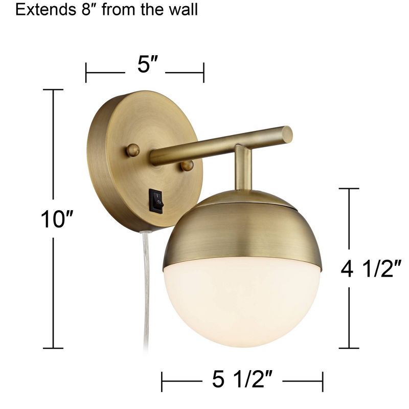 360 Lighting Luna Mid Century Modern Wall Lamp Brass Plug-in 5 1/2" Light Fixture Frosted Glass Globe for Bedroom Reading Living Room Hallway House, 4 of 8