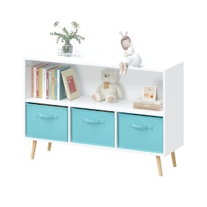 Ruvalino Decorative Bookshelf Kids Bookcase with Fabric Drawers for Playroom Nursery, White Blue, 35.43"*11.02"*23.62" - 1 of 4