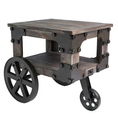 Vintiquewise Industrial Wagon Style Small Rustic End Table with Storage Shelf and Wheels