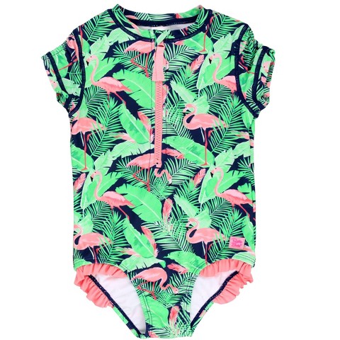 RuffleButts Toddler Girls Short Sleeve UPF50+ One Piece Rash Guard - Flamingo Frenzy, 4T
