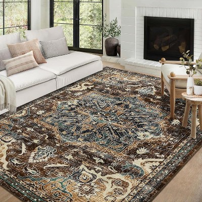 Washable Long Runner Rug, Oriental Vintage Floral Rug, Low Pile Non-Slip Soft Faux Wool Rug, Hallway, Bedroom, Kitchen, Laundry Room, Entryway