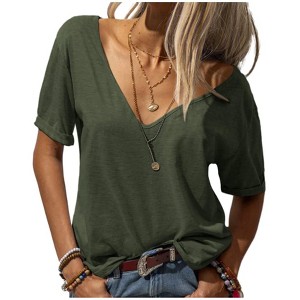 Imily Bela Womens T Shirt Deep V Neck Short Sleeve Casual Fit Basic Fashion Top - 1 of 3