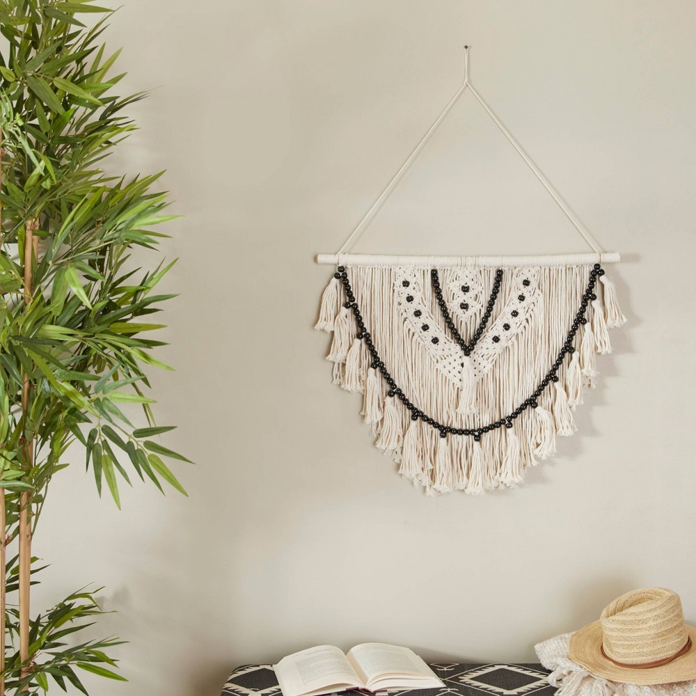 Photos - Wallpaper 32" x 28" Cotton Macrame Handmade Intricately Weaved Wall Decor with Beaded Fringe Tassels Brown/White - Olivia & May: Boho