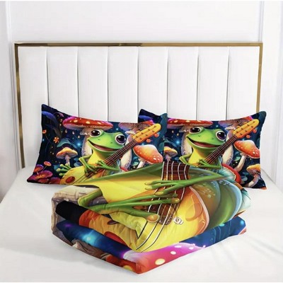 Boersma Cute Frog Guitar Comforter Set, Botanica Mushroom 3pcs Bedding Set, Cartoon Comforter For Room Decor