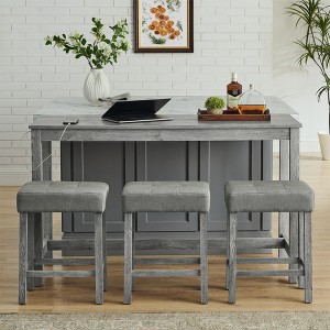 Vynxaria 4-Piece 59" Bar Table Set Built-In USB/Type-C/AC Ports + 3 Linen Stools, Solid Wood, Industrial Style, Space-Saving - 1 of 4