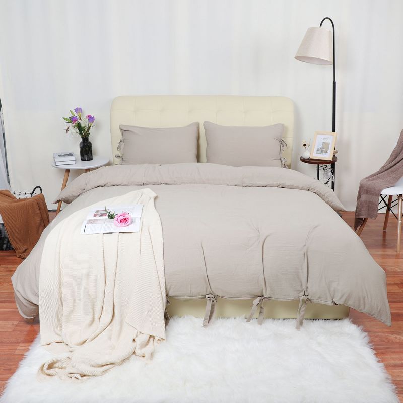 PiccoCasa Washed Cotton Solid with Bowknot Closure Duvet Cover Sets with 2 Pillow cases Queen Tan 3 Pcs, 3 of 8