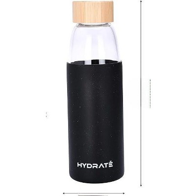 HYDRATE 20 oz Black Glass Water Bottle with Bamboo Lid
