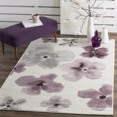 Ivory and Purple Floral Synthetic 5' x 7' Area Rug