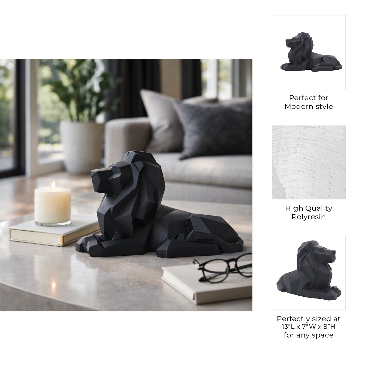 Modern Geometric Lion Figurine - Bold Resin Polyresin Sculpture - Sleek Abstract Animal Statue for Home, Office, Living Room & Desk Decor - 8" - thumbnail 5