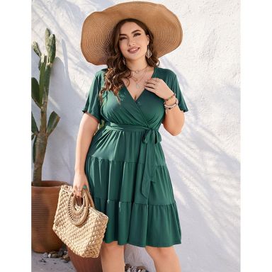 Coolmee Women Plus Size Casual Floral V Neck High Waisted Short Sleeve Wrap Midi Dress With Belt Dark Green 5XL