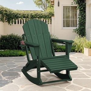 Adirondack Rocking Chair with Retractable Ottoman and Cup Holder, All Weather HDPE Folding Adirondack Chair,Fire Pit Chair for Porches, Patios - 1 of 4