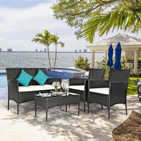 Costway 4PCS Patio Rattan Furniture Set Conversation Glass Table