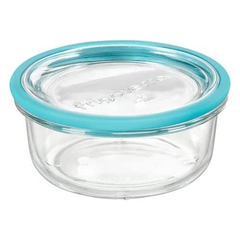 Bormioli Rocco Frigoverre Future 17.25 oz. Round Food Storage Container,  Made From Durable Glass, Dishwasher Safe, Made In Italy,Clear/Teal Lid