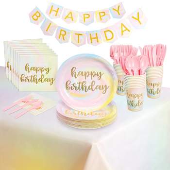 Blue Panda 147-Piece Pastel Tie Dye Party Supplies with Happy Birthday Plates, Napkins, Cups, Tablecloth, Banner, and Cutlery (Serves 24)