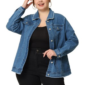 Agnes Orinda Women's Plus Size Classic Denim Frayed Washed Jean Jackets - 1 of 4